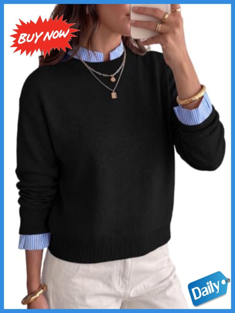 Sidefeel Women's Long Sleeve Mock Neck 2 in 1 Pullover Sweater Knit